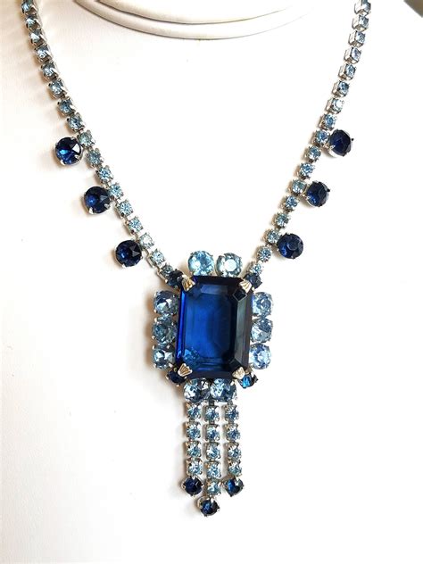 Vintage Blue Rhinestone Necklace Light And Sapphire Blue Etsy Blue