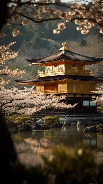 Premium AI Image | A golden temple in kyoto with cherry blossoms in the ...