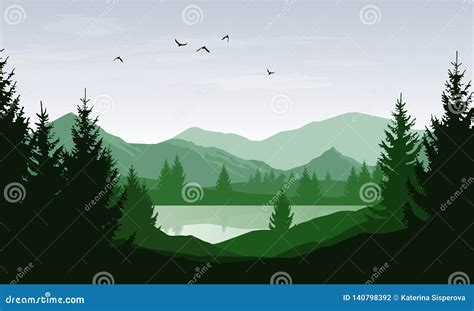 Vector Green Landscape With Silhouettes Of Mountains And Hills And