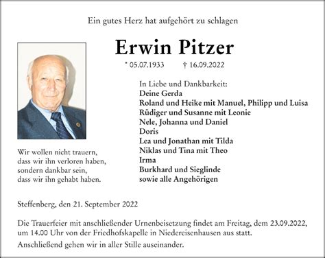 Traueranzeigen Von Erwin Pitzer Vrm Trauer De