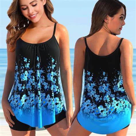 Maillot De Bain Sport Femme Tankini Grande Taille D Impression Bikini Blue F