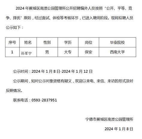 蕉城区南漈公园管理所2024年公开招聘编外人员拟聘用人员名单公示 597直聘