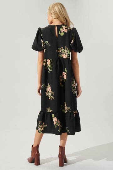 Rhubarb Floral Papillon Puff Sleeve Midi Dress Sugarlips