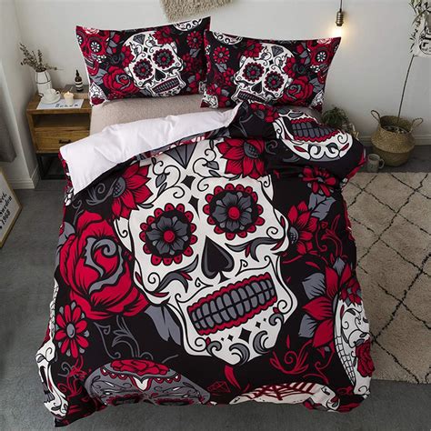 Sugar Skull Bedding Duvet Cover Set Red Sunflower Around Skull Printed