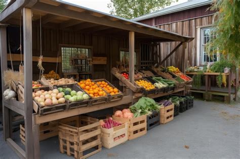 Premium Ai Image Fruit And Vegetable Stand With Fresh Produce Crates