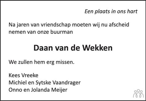 Daniël Daan van der Wekken 01 11 2020 overlijdensbericht en