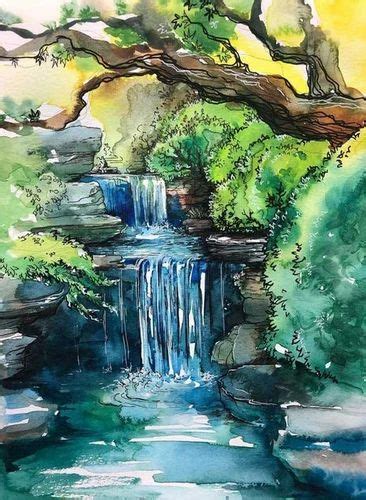 Matte Paper Vastu Painting Watercolor Waterfall Painting, Size: 18x24 ...