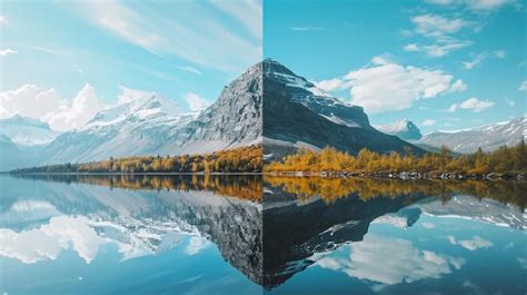 Premium Photo | Split in half picture of a mountain and a lake generative ai