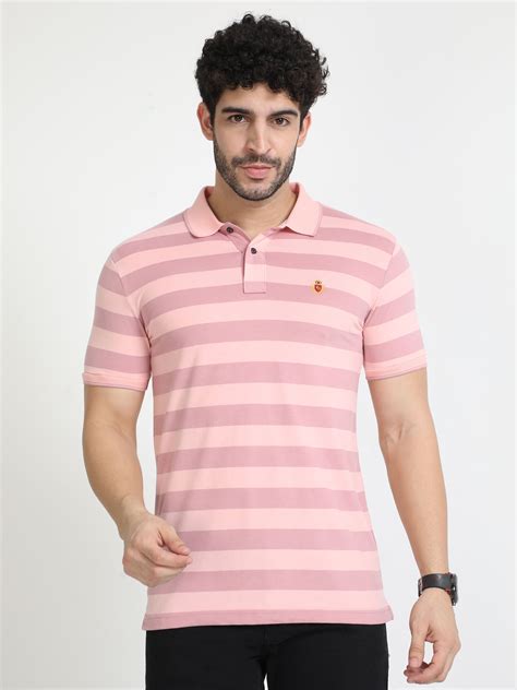 Classic Polo Mens Cotton Half Sleeves Striped Slim Fit Polo Neck Peach