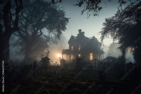 Spooky haunted mansion with graveyard in foreground created with AI ...