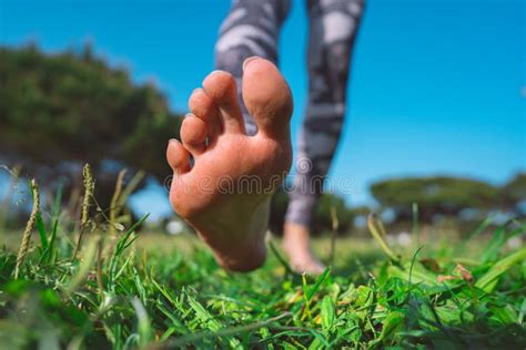 Barefoot Walking. Sporty Barefoot Woman Walking on the Green Grass Stock Photo - Image of legs ...