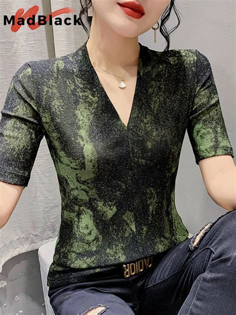 Madblack European Clothes Tshirt Women Sexy V Necks Shiny Lurex Slim Mesh Tops Half Sleeve Teespng