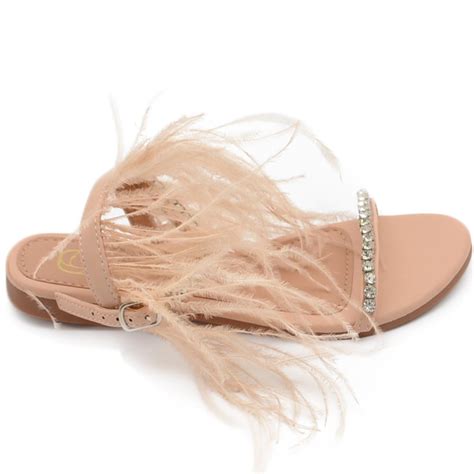Pantofoline Allacciata Alla Caviglia Donna Piume Peluche Con Applicazioni Beige Nude Fascetta