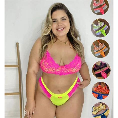 Lingerie Plus Size Sexy Neon Conjunto Bicolor Aro Renda Sensual