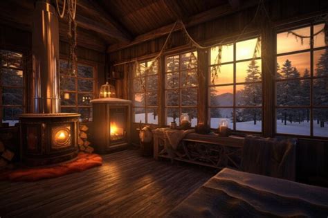 Premium AI Image | Winter cabin illuminated by warm interior light ...