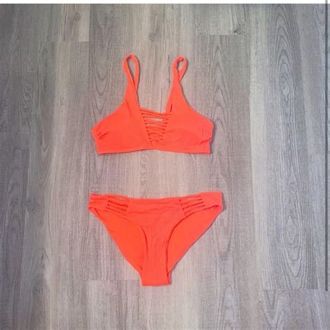 Tinibikini Swim Tinibikini Neon Orange Ribbed Bikini Set Poshmark