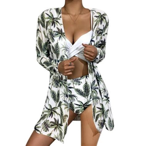 Women S High Waist Printed Three Piece Bikini Set With Mesh Cape Split Swimsuit Walmart
