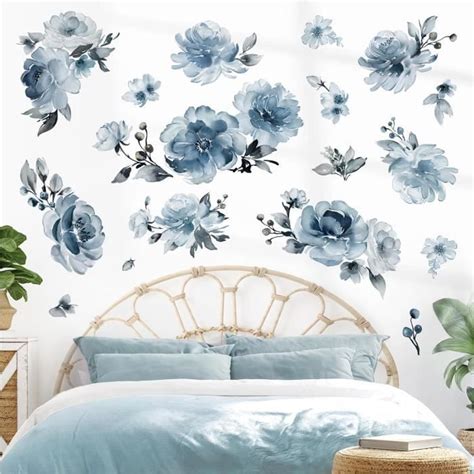 Stickers Muraux Fleurs Bleues Grand Autocollant Mural Pivoine Floral