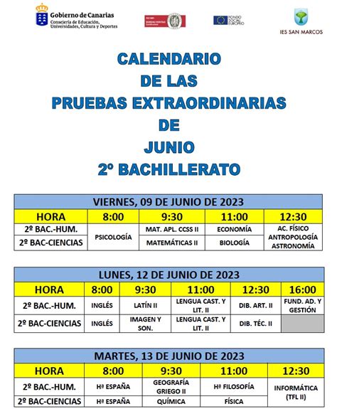 CALENDARIO DE PRUEBAS EXTRAORDINARIAS DE JUNIO PARA 2º BACHILLERATO