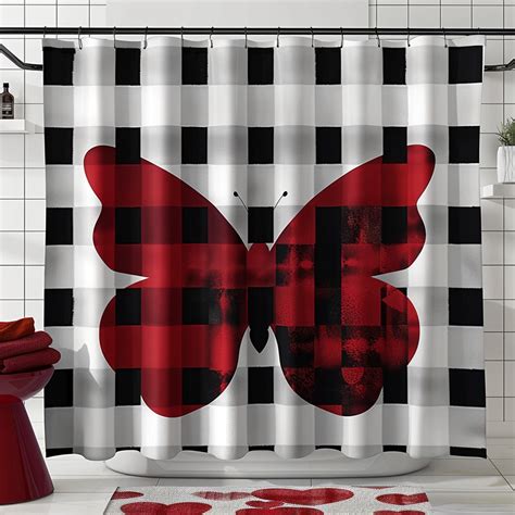 Ed Butterfly Plaid Shower Curtain With Heart Print Monochromatic