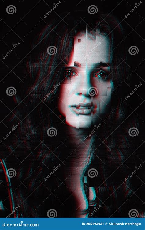 Black And White Portrait Of A Beautiful Girl With 3d Glitch Effect