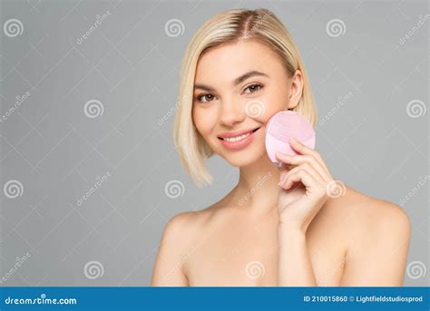 Blonde Woman With Naked Shoulders Holding Stock Photo Image Of Cheerful Clean