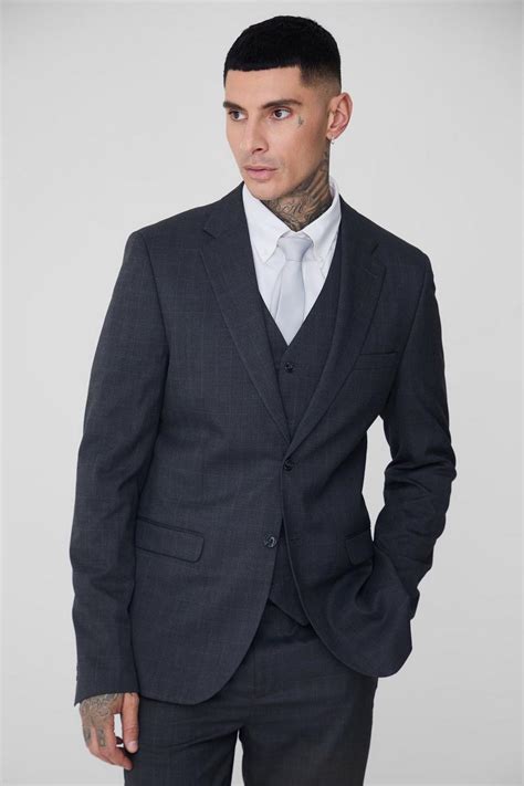 Tall Charcoal Check Single Breasted Slim Fit Suit Jacket Boohoo Uk