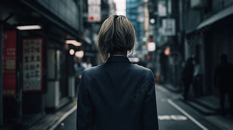 Woman Is Walking Down The Street In The Back Of The Image Background