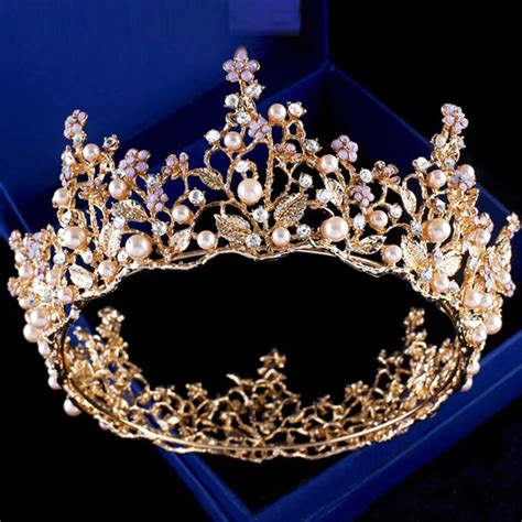 Luxury Bridal Tiaras And Crowns Crystal Pearl Flower Gold Silver Round