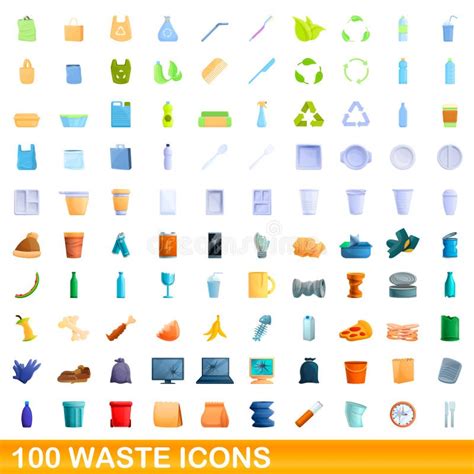 100 Waste Icons Set Cartoon Style Stock Vector Illustration Of