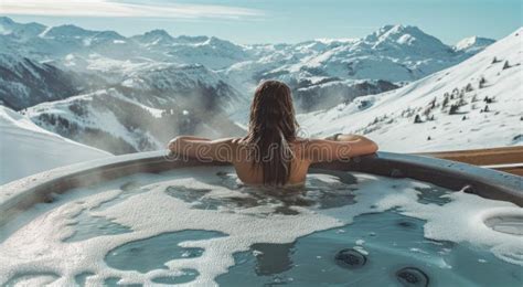 Female In Hot Tub Overlooking Mountains And Snow Stock Photo Image Of Snow Leisure