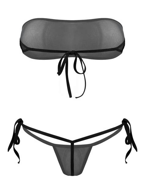 Women S Sheer Micro Bikini See Through Bra Top Side Tie G String Bottom