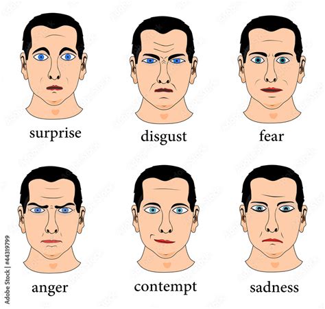 Set Of Six Male Facial Expression Surprise Disgust Fear Anger