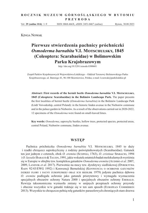 PDF Pierwsze stwierdzenia pachnicy próchniczki Osmoderma barnabita V