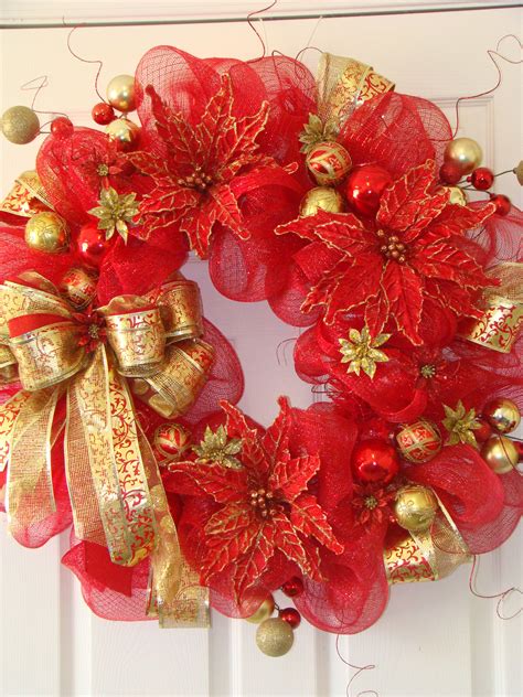 Red And Gold Christmas Mesh Wreath Handmade Christmas Wreaths