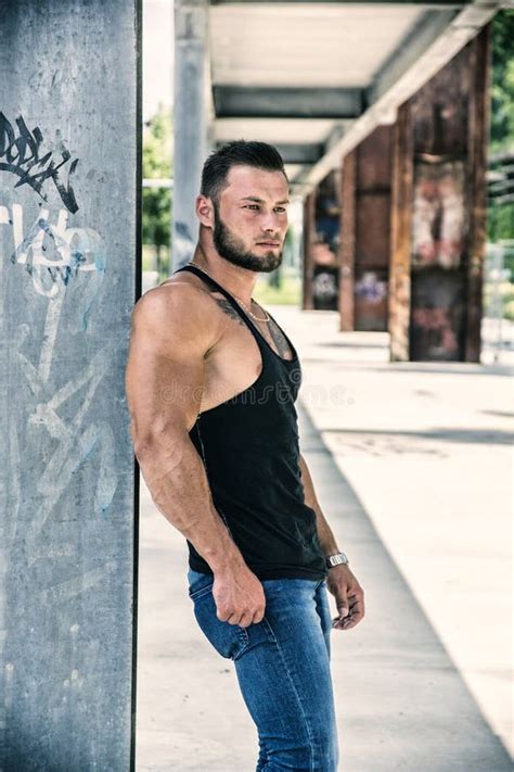 Handsome Muscular Hunk Man Outdoor In City Setting Stock Photo Image