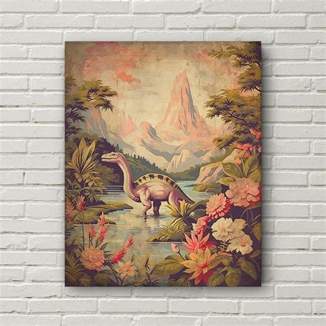 DINOSAUR Wall Art, Canvas Gallery Wrap, Fine Art Print, Pastel Flower ...