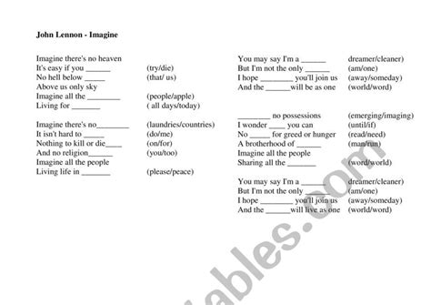 Imagine By John Lenon Esl Worksheet By Sofiacs