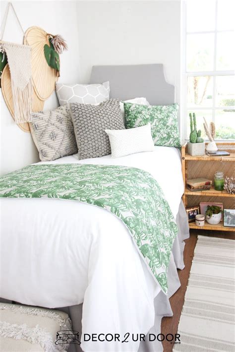 Grey And Green Leaf Dorm Bedding Set Dorm Bedding Sets Dorm Room