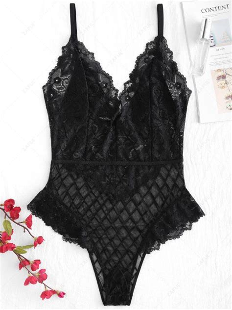 Off Sheer Lace Snap Crotch Lingerie Teddy Bodysuit In Black Zaful