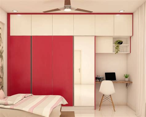 Compact Sliding Door Wardrobe Design In Red And White Livspace