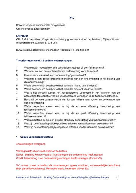 Werkgroepopdrachten week 12 BDW insolventie en financiële