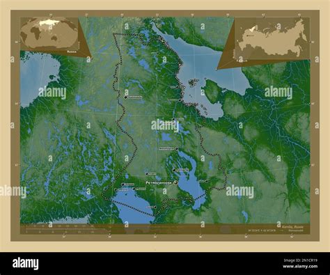 karelia republic  russia colored elevation map  lakes  rivers locations  names
