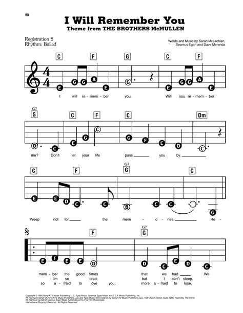 I Will Remember You By Sarah Mclachlan Sheet Music For E Z Play Today