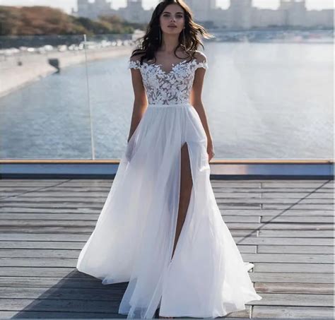 2020 Summer Beach Bohemian Lace Chiffon Wedding Dresses A Line Leg