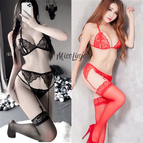 Jual Lingerie Bikini Sexy Plus Stocking Full Set Baju Seksi Model Bra Dan G String Shopee