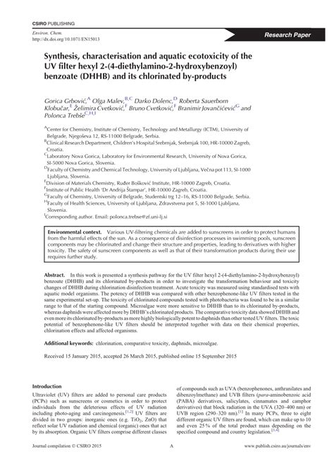 (PDF) Synthesis, characterisation and aquatic ecotoxicity of the UV ...