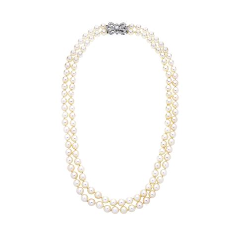 Collana A Due Fili Di Perle Coltivate Oro Bianco E Diamanti Anni