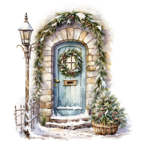 Premium Photo | Painting of a blue door with a wreath and a lamp post