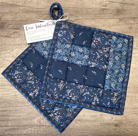 Blue Patchwork Hot Pads Set Of Etsy Quilted Potholders Hot Pads Pot Holders